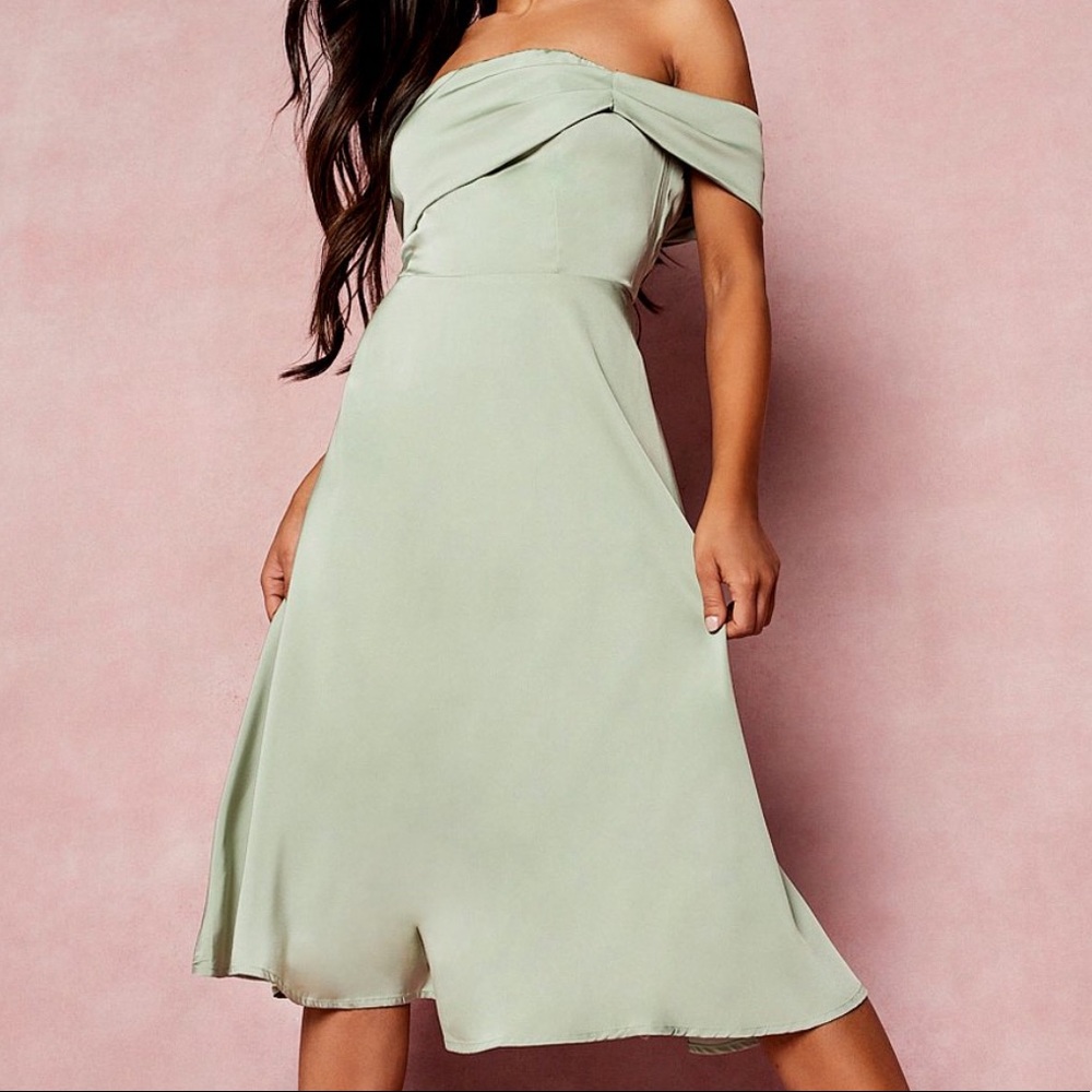Drape Off The Shoulder Midi Dress - Sage